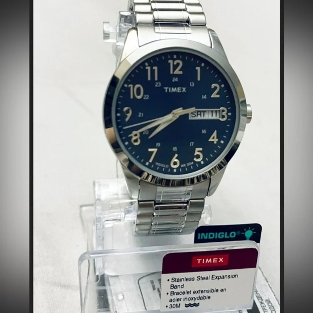 Timex INDIGLO Stainless Steel Expansion Band silver and blue watch